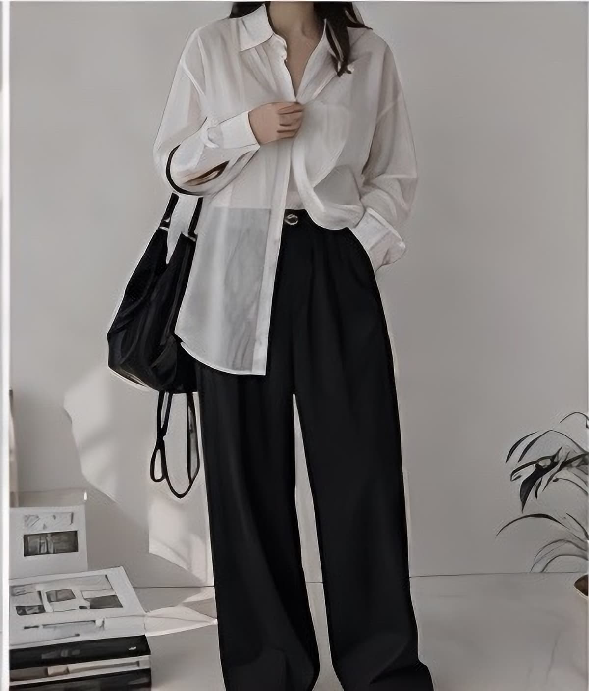 シアーオーバーシャツ×ワイドパンツセット